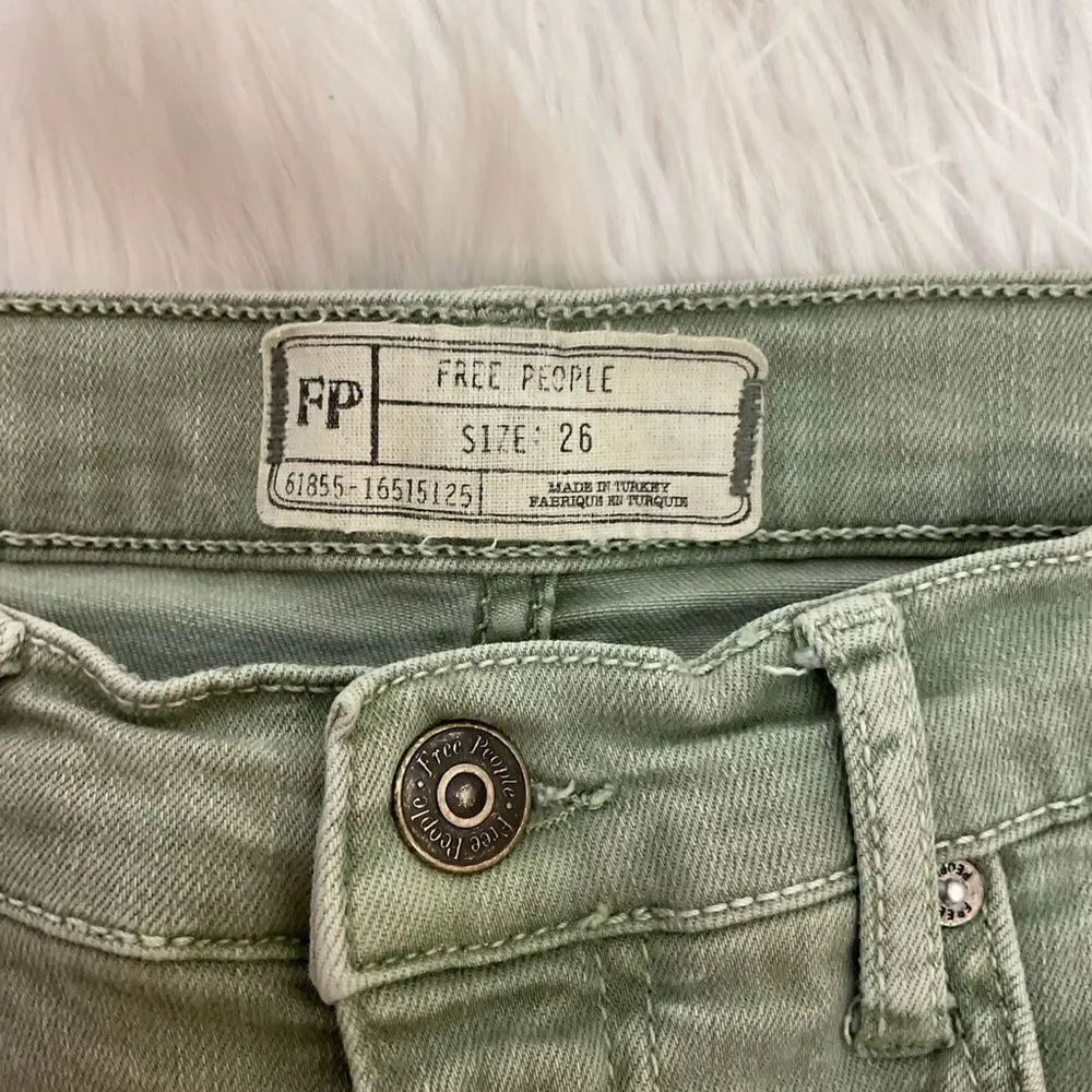 Free People Moss Green High-Rise Busted Knee Skinny Jeans 26